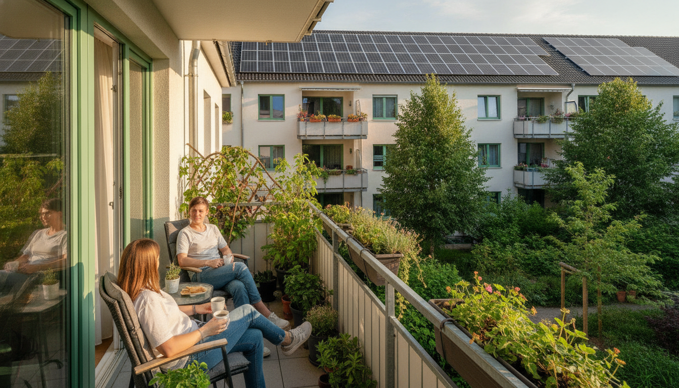 Paar entspannt auf begrüntem Balkon eines Mehrfamilienhauses, im Hintergrund das Photovoltaik-Dach des Nachbargebäudes