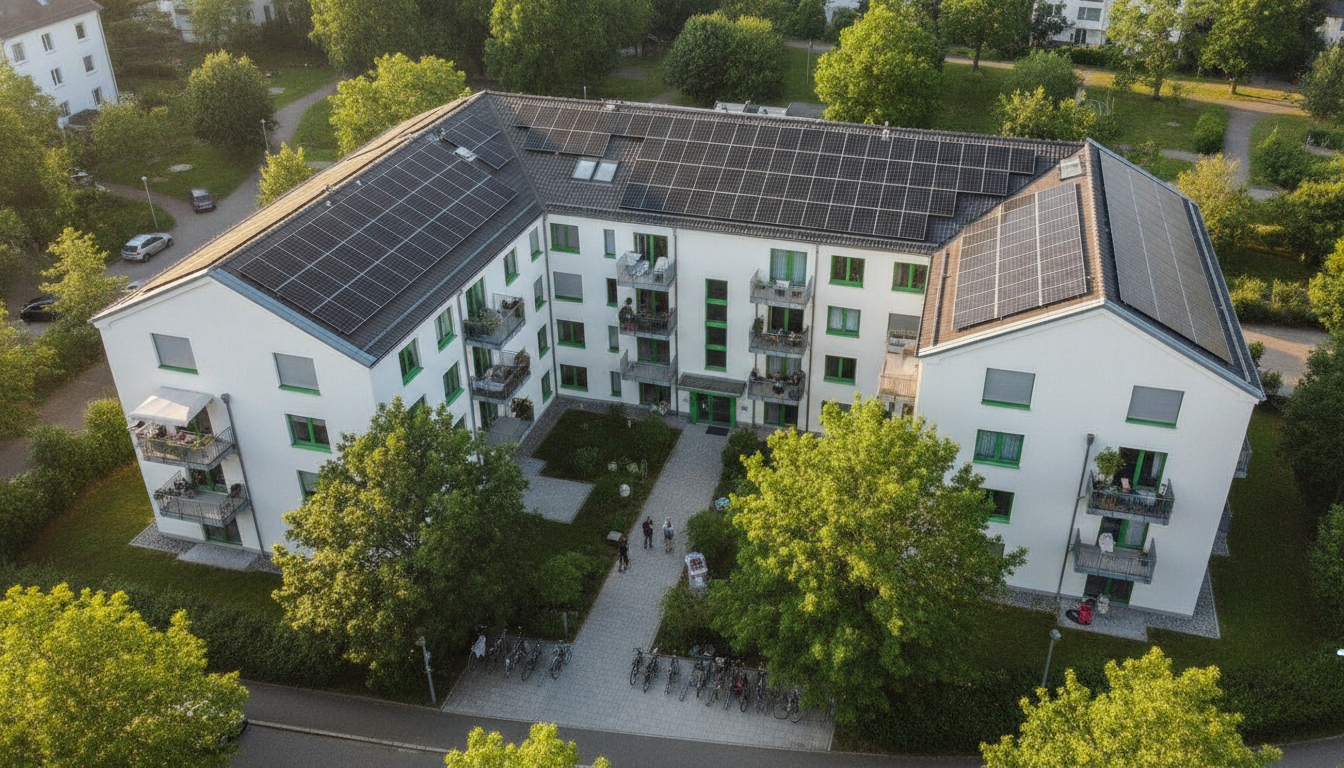 Luftaufnahme eines modernen Mehrfamilienhauses mit vollflächiger Photovoltaik-Dachanlage und begrüntem Innenhof mit Bewohnern