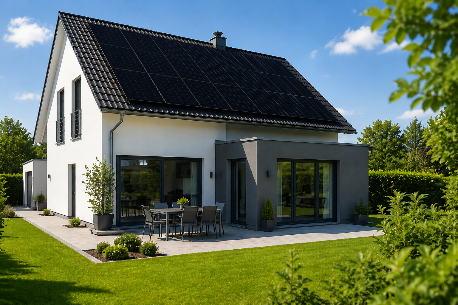 Modernes Einfamilienhaus mit Photovoltaik-Anlage auf dem Dach