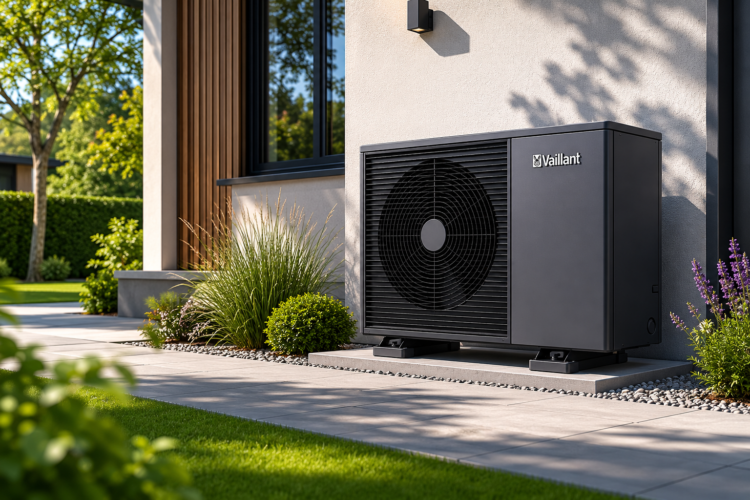 Vaillant Wärmepumpen-Außeneinheit an einer modernen Hauswand
